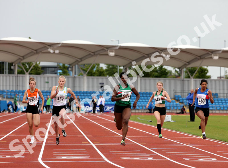 545 Shaunna Thompson (Sale Harriers) beats 532 Laura Robson (Wakefield), under-20 womens 100 metres, Northern Championships, Sport City, Manchester